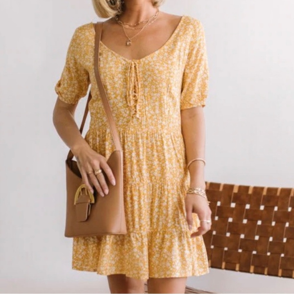 Bohme Floral Print Lace Up Dress Short Sleeve Yellow White Small